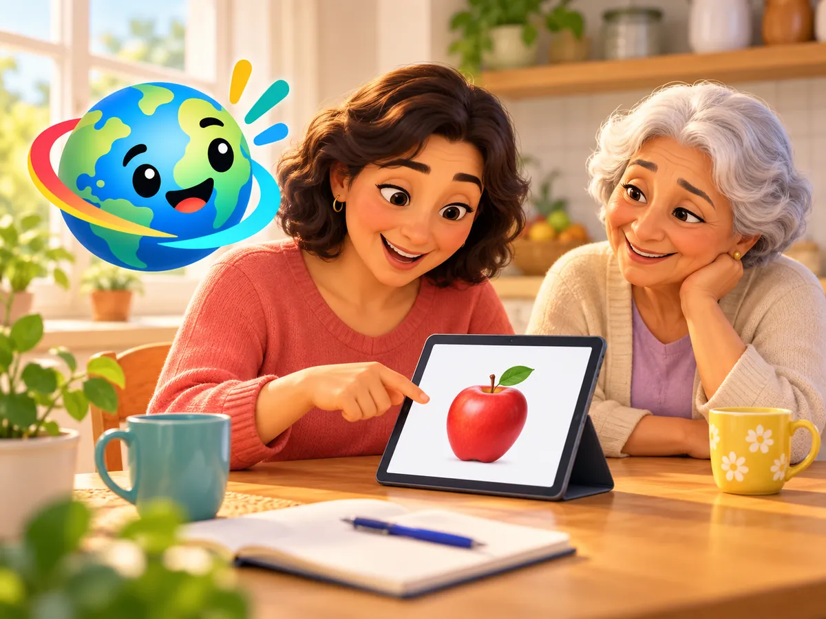 A woman practising words at the kitchen table while her mother smiles beside her