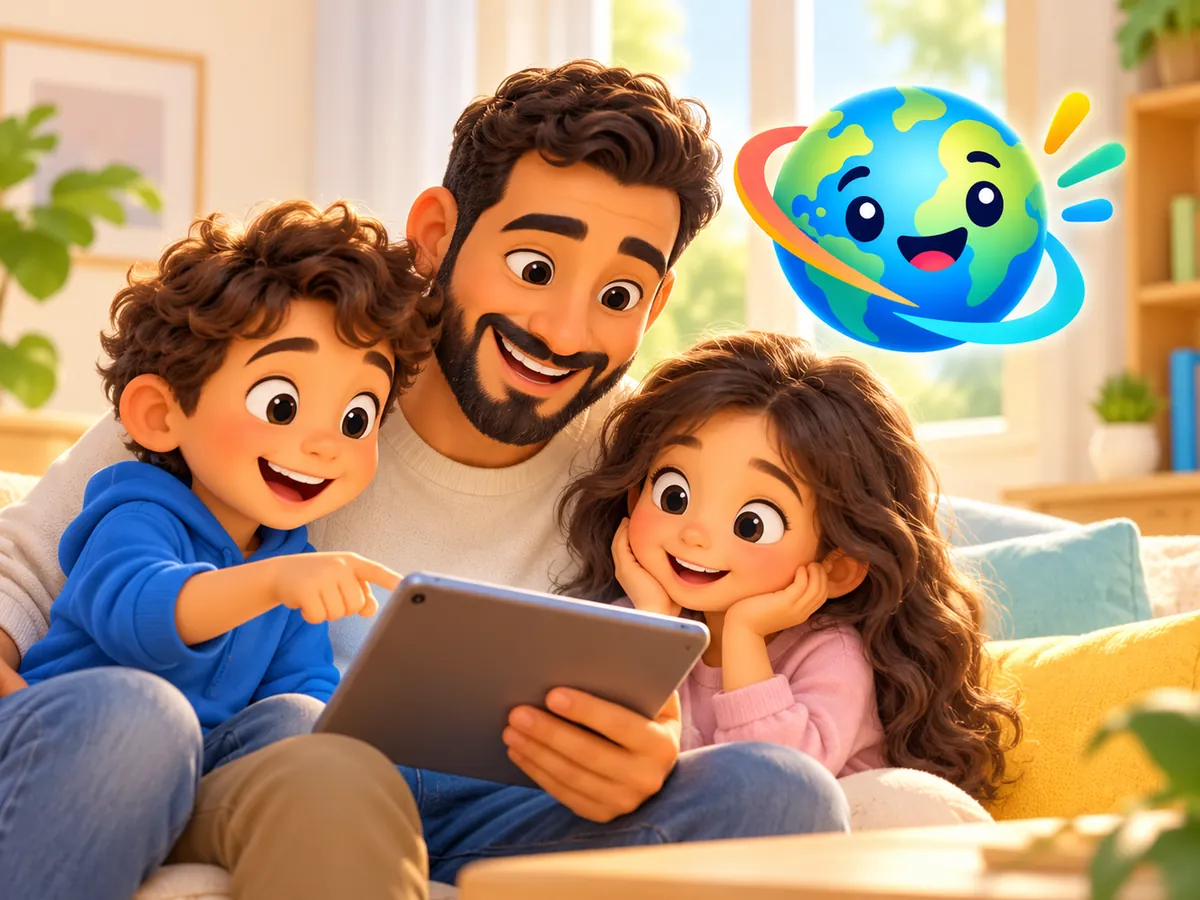 A parent and two children taking turns on one tablet