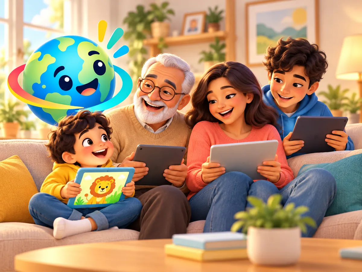 A grandparent, a parent, a teenager and a young child learning together on the sofa, with Momo waving