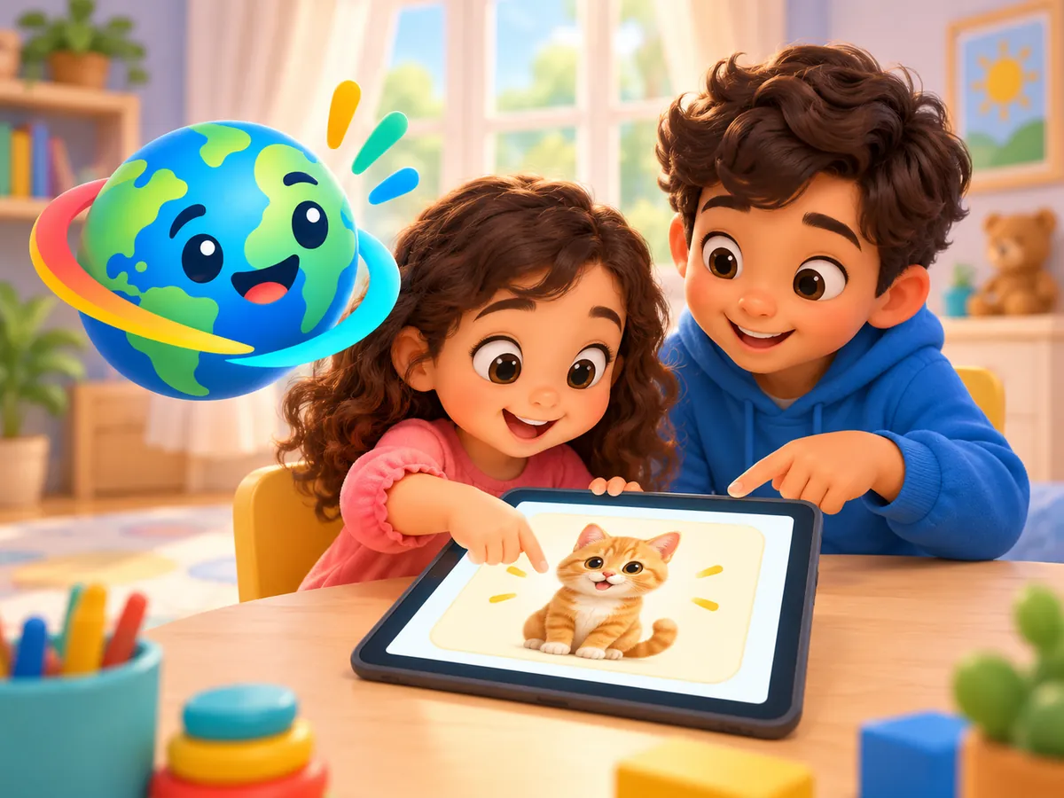 Two children tapping a picture of a cat on a tablet while Momo cheers