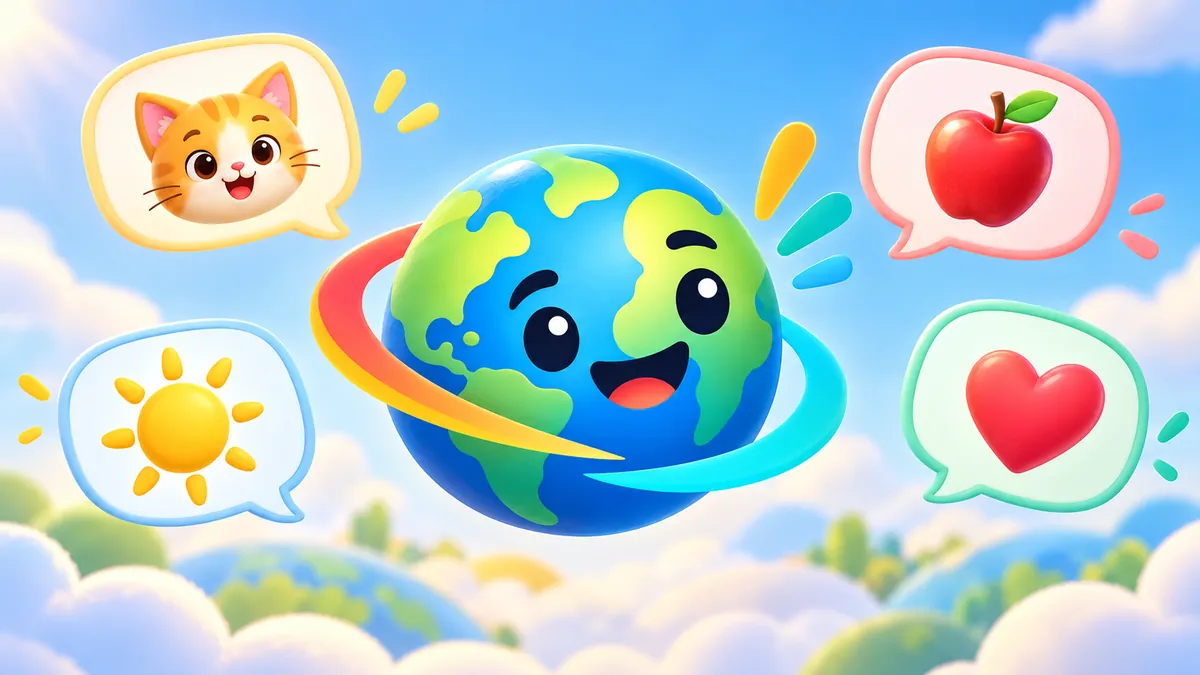 Momo surrounded by speech bubbles with a cat, an apple, a sun and a heart