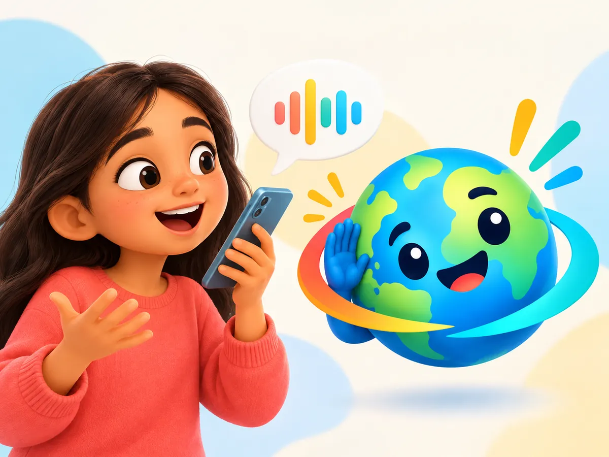 A child saying a word into a phone, with Momo beside them