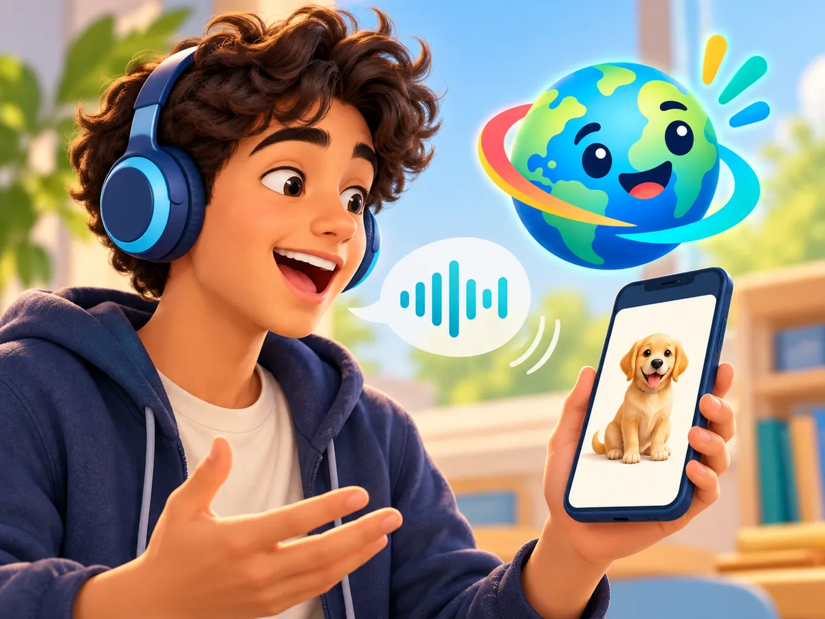 A teenager with headphones saying a word out loud to a phone