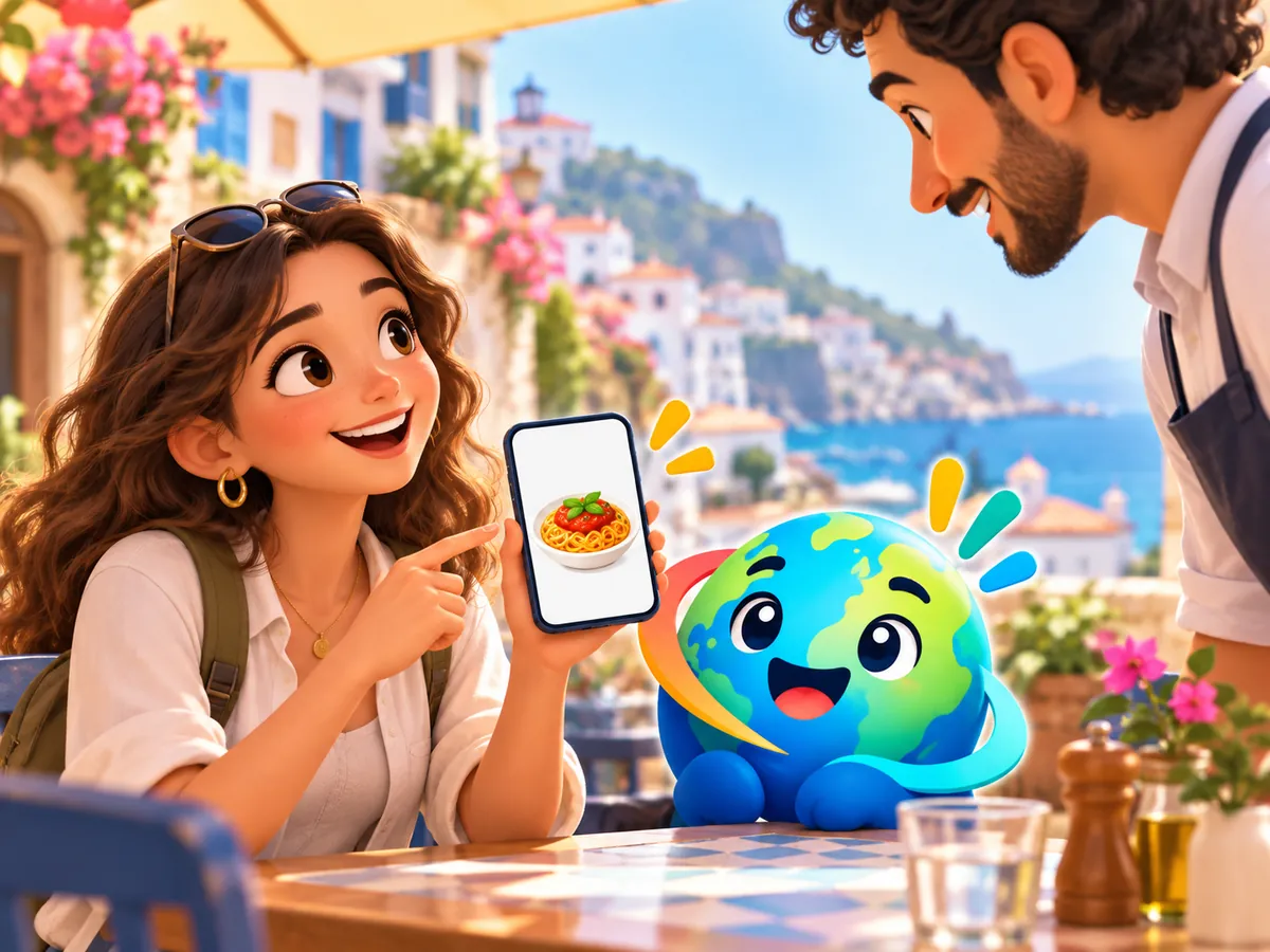 A young traveller checking a phrase on her phone before ordering at a café, with Momo on the table