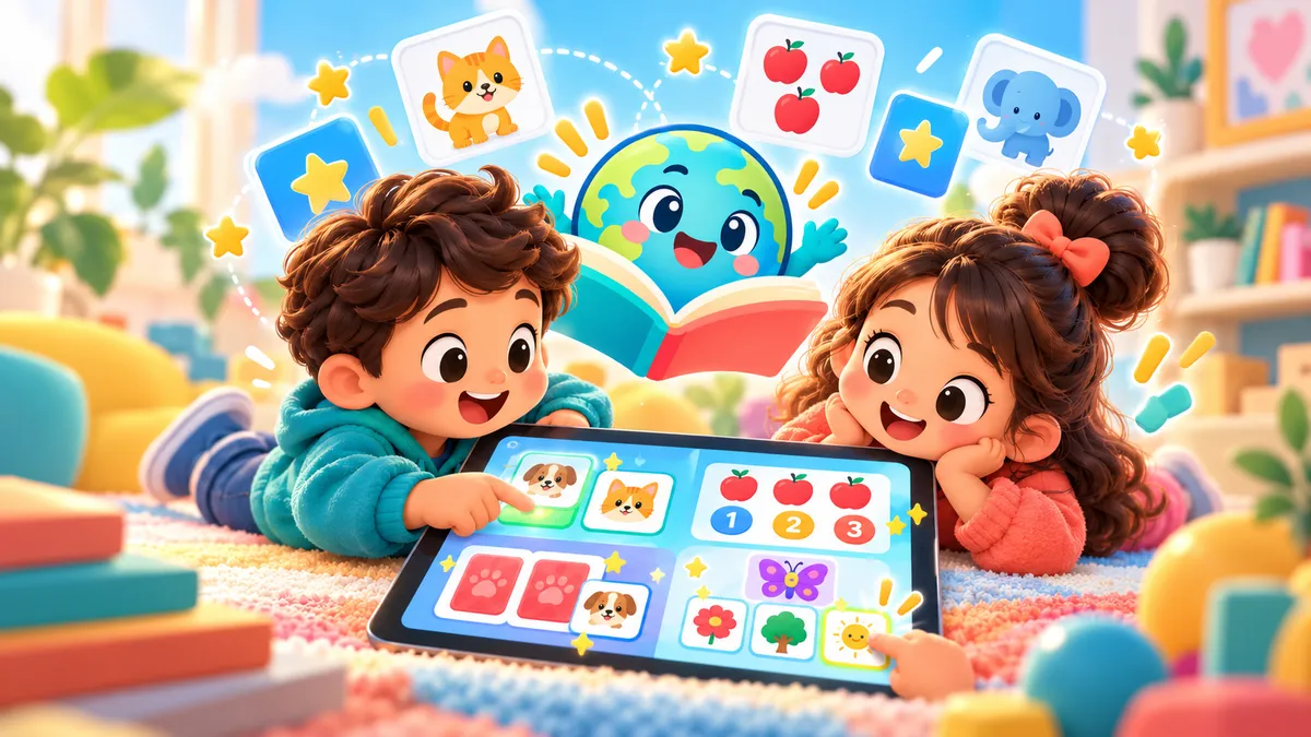 Children playing learning games on a tablet