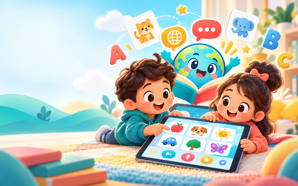 Child learning with picture cards and Momo