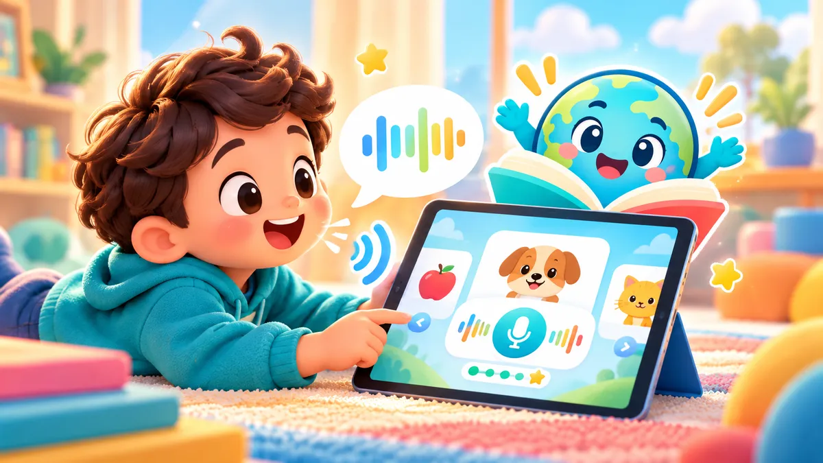 Child saying a word aloud to a tablet, with Momo cheering